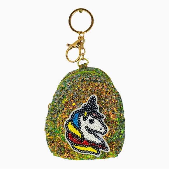 GLITTER UNICORN MINI BACKPACK COIN PURSE CHARM KEYCHAIN‎ IN GREEN - Picture 2 of 5
